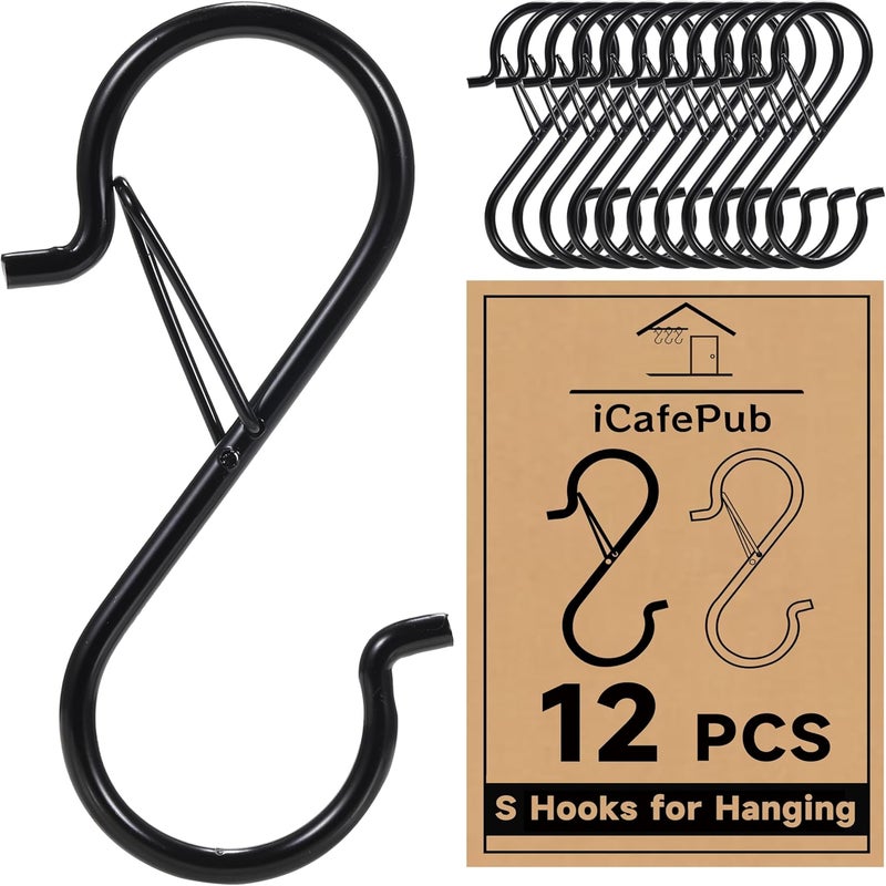 iCafePub 12 PCS S Hooks for Hanging with Safety Buckle, 3.5 inch Heavy Duty Metal S Shaped Hooks for Kitchen Utensil, Cups, Pots, Plants, Bags, Hats (Black) - Image 1